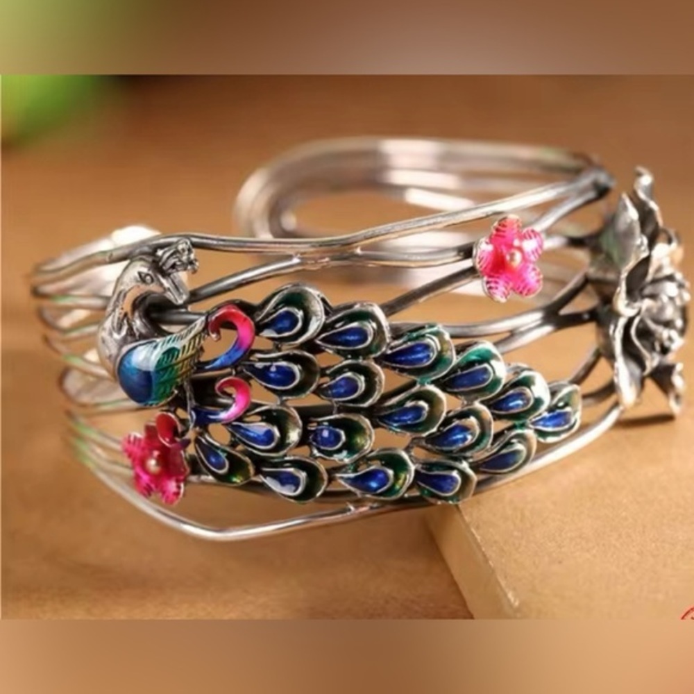 Sterling Silver Peacock Bangle Bracelet Cuff